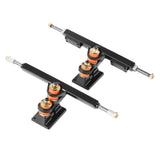 Tynee electric skateboard DKP front and rear trucks for 165mm Hobbywing hub motors, featuring black hangers and orange bushings.