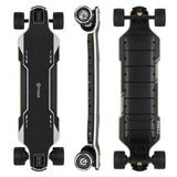 Tynee Discovery electric skateboard top, side and bottom views showing the grip tape, wheels and battery enclosure